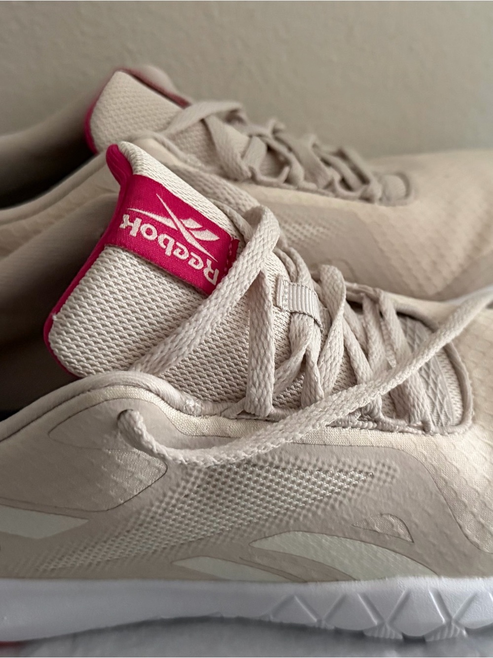 Reebok Women's Light Beige Running Sneakers with Pink Accent